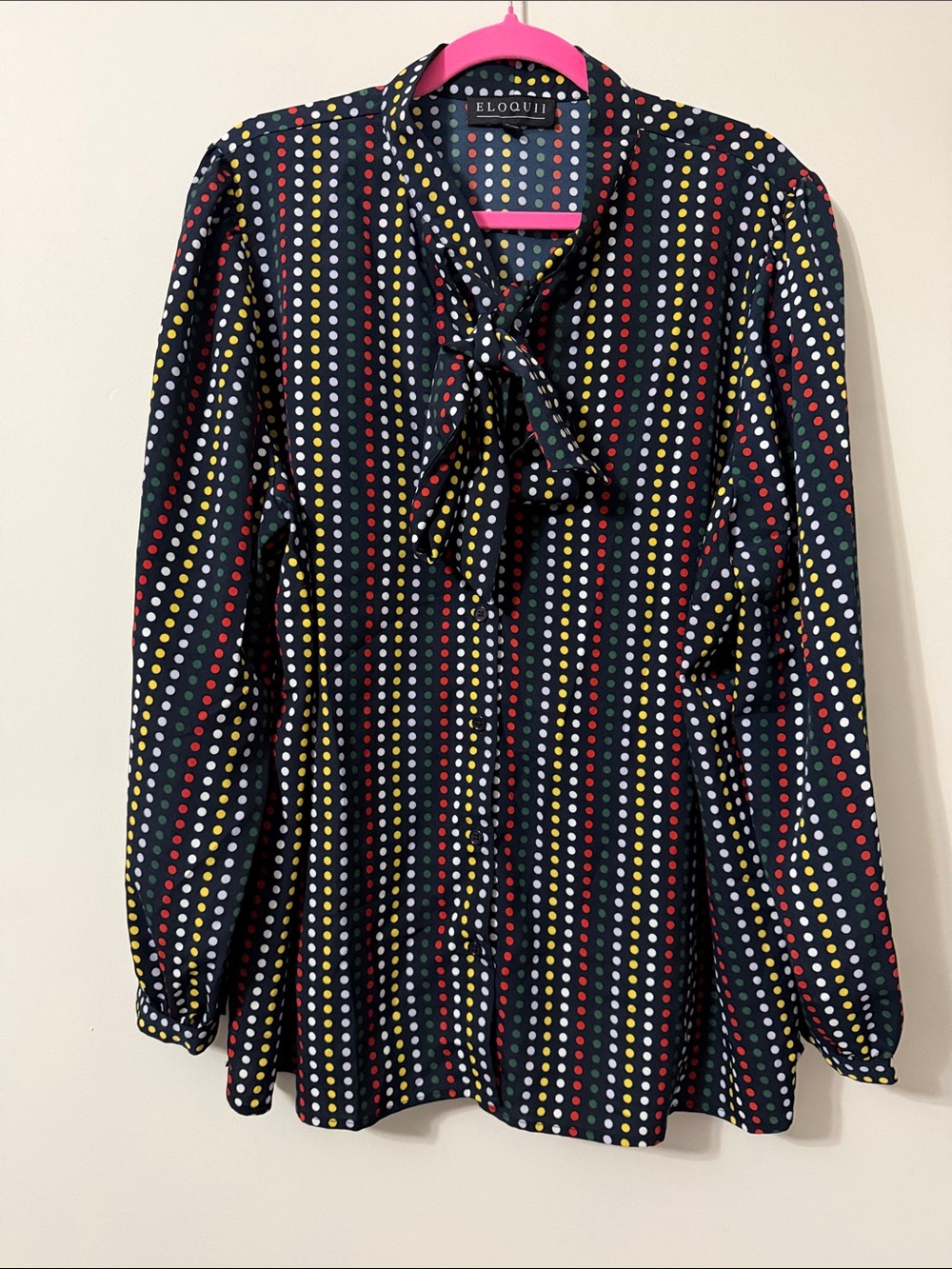 Eloquii Navy Polka Dot Tie-Neck Blouse with Red, Yellow, Green & White Dots